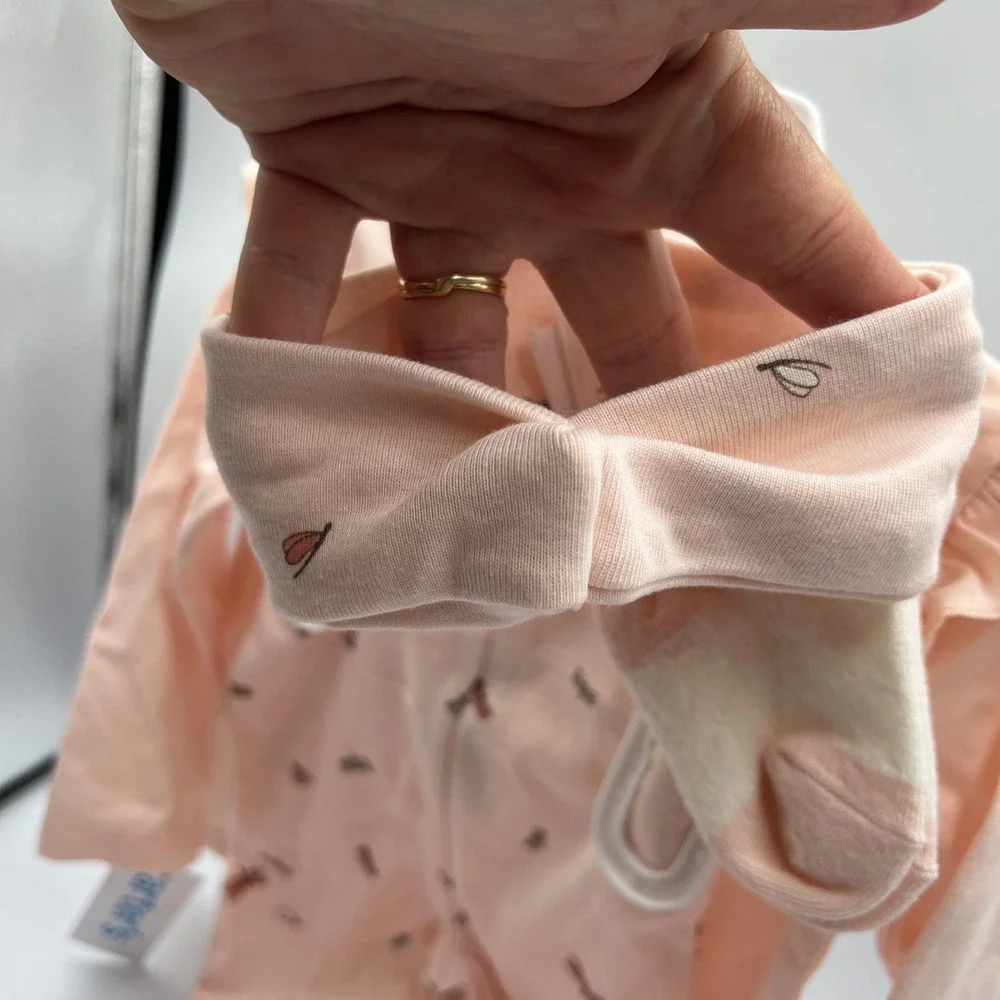 Carter's Baby Girl 4 Piece Pink Outfit, Long Sleeve Top, Pants, Socks, Hair Band
